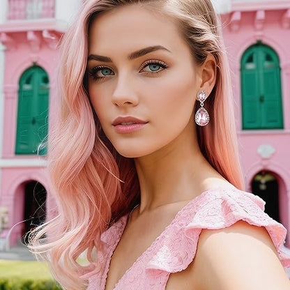 EVER FAITH Women's Austrian Crystal Wedding Tear Drop Dangle Earrings | Bridal Prom Jewelry for Bride Bridesmaid - color: Pink Silver-Plated-Base
