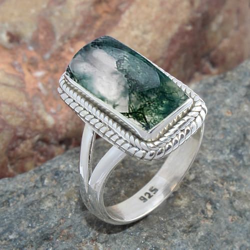 Solid 925 Sterling Silver Ring For Women, Gemstone Ring, Silver Statement Ring, June Birthstone, Bezel Set Rectangle White Gemstone Hypoallergenic Art Deco Ring Christmas Gift