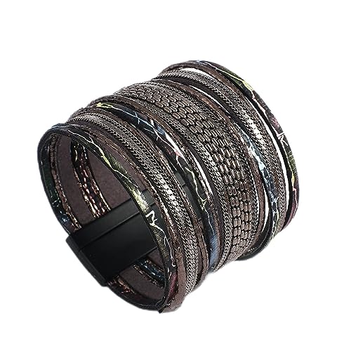 NOVSKI New Genuine Real Leather Wrap Bracelets Multi Strand Cord Metallic Chain Layered Wide Cuff Bracelet Gift Jewelry (Color : Dark Grey)