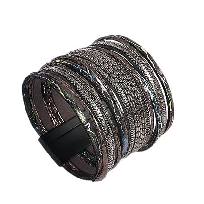 NOVSKI New Genuine Real Leather Wrap Bracelets Multi Strand Cord Metallic Chain Layered Wide Cuff Bracelet Gift Jewelry (Color : Dark Grey)