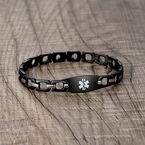 LinnaLove Fashion Shiny medical alert bracelet with Free Engraving Stainless steel Medical id bracelet for Women - color: Horseshoe-Black