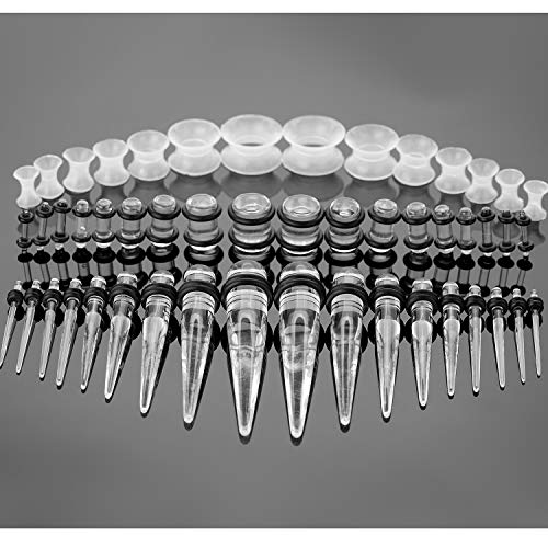 50-Piece Ear Gauges Stretching Kit, 14G-00G | Acrylic tapers and plugs with soft silicone tunnels, body piercing jewelry for women and men - color: Transparent