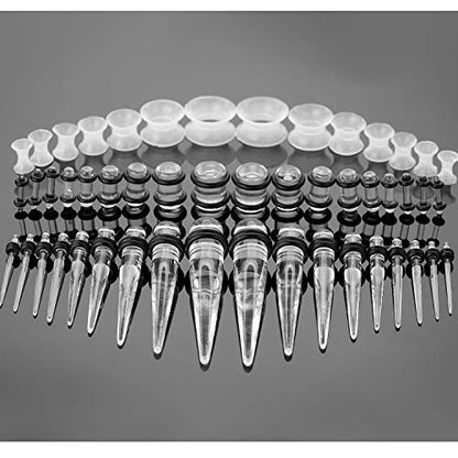 50-Piece Ear Gauges Stretching Kit, 14G-00G | Acrylic tapers and plugs with soft silicone tunnels, body piercing jewelry for women and men - color: Transparent
