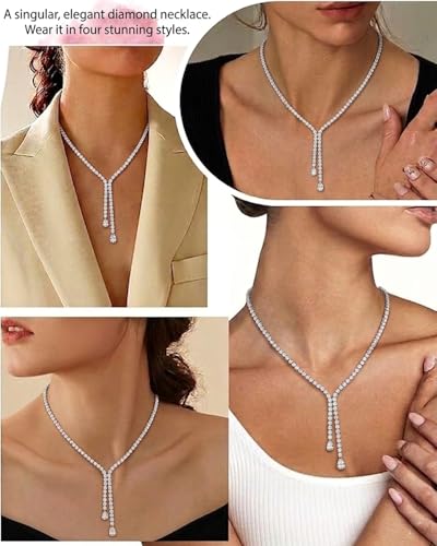 STONEFANS Long Tennis Necklaces for Women - Dainty Silver Lariat Necklace Rhinestone Y Shaped Drop Necklace Cute Choker Necklaces for Women Trendy Silver Prom Jewelry Gifts - color: Drop -Silver