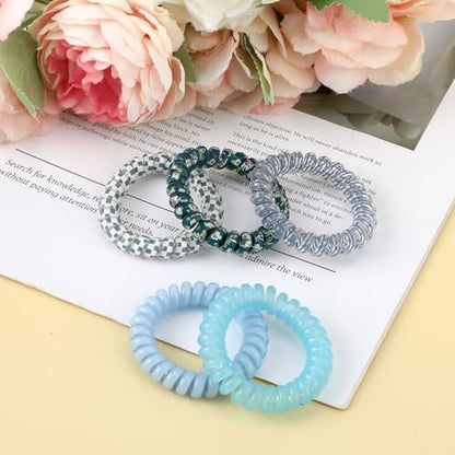 JJUNW 5 PCS Spiral Hair Ties - No Damage, No Crease, Large Elastic, Waterproof Ponytail Holders for Thick & Thin Hair (Color B)