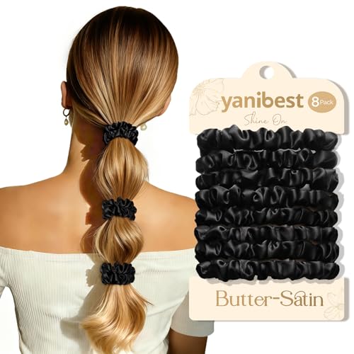 Yanibest 8 Pcs Satin Hair Ties - Thin Hair Scrunchies for Women & Girls | Silk Feeling Soft Hair Ties No Damage Frizz Free, Ponytail Holders Gentle on Hair for Fine to Medium Hair - color: Black