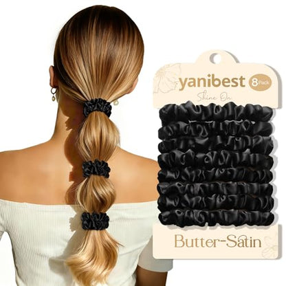Yanibest 8 Pcs Satin Hair Ties - Thin Hair Scrunchies for Women & Girls | Silk Feeling Soft Hair Ties No Damage Frizz Free, Ponytail Holders Gentle on Hair for Fine to Medium Hair - color: Black