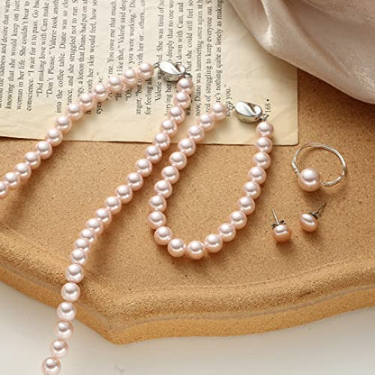 Pearl Jewelry Set for Women, Complete Set Includes Necklace, Bracelet, Earrings - Fashion Pearl Jewelry with Box for Wife, Mom, Sister, Bride, Bridesmaid - style: Pink Pearl Jewelry_4 Set