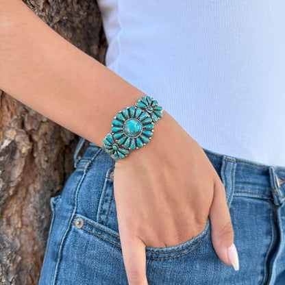 Southwest Style Genuine Gemstones 925 Sterling Silver Cluster Bracelet - color: Teal/Matrix Turquoise