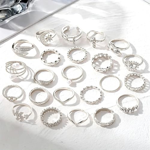 Golden Knuckle Rings Set for Women, 14k Golden Plated Open Stacking Knuckle Midi Rings Dainty Cubic Zirconia Crystal Simple Hollow Cute Rings Pack Jewelry Gifte - color: Silvery 23PCS