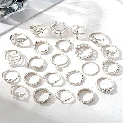 Golden Knuckle Rings Set for Women, 14k Golden Plated Open Stacking Knuckle Midi Rings Dainty Cubic Zirconia Crystal Simple Hollow Cute Rings Pack Jewelry Gifte - color: Silvery 23PCS