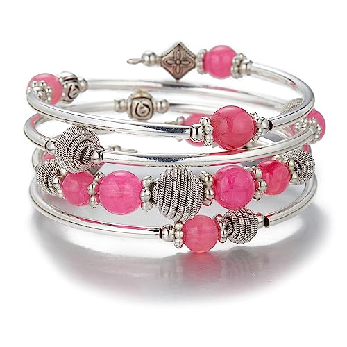 PEARL&CLUB Beaded Chakra Bangle Turquoise Bracelet - Fashion Jewelry Wrap Bracelet with Thick Silver Metal and Mala Beads, Birthday Gifts For Women - color: Hot pink