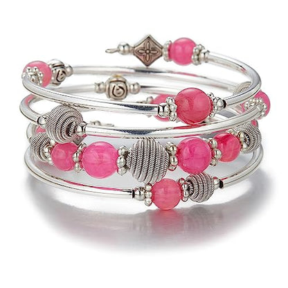 PEARL&CLUB Beaded Chakra Bangle Turquoise Bracelet - Fashion Jewelry Wrap Bracelet with Thick Silver Metal and Mala Beads, Birthday Gifts For Women - color: Hot pink