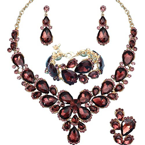 Women's Wedding Bridal Austrian Crystal Glass Teardrop Statement Necklace Dangle Earrings Bracelet Ring Wedding Party Jewelry Set for Bridal Bridesmaid - color: Purple-Gold Plated