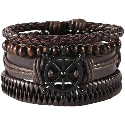 GORGECRAFT Handmade PU Leather Bracelets Flat Round Braided Cuff Bangle Multi Layers Wood Beads Wrap Bracelet - style: Brown Anchor Weave