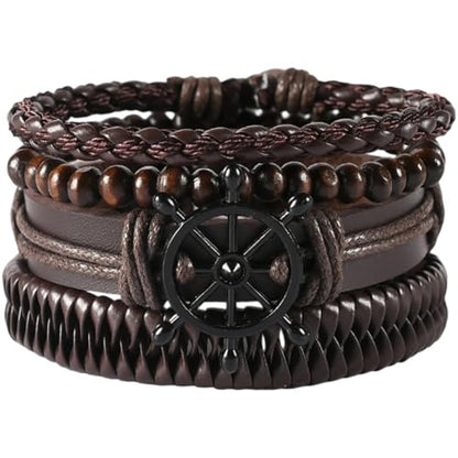 GORGECRAFT Handmade PU Leather Bracelets Flat Round Braided Cuff Bangle Multi Layers Wood Beads Wrap Bracelet - style: Brown Anchor Weave