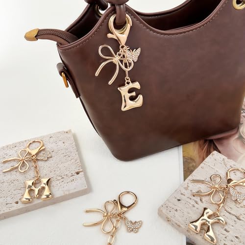 Gold Bubble Heart, Cherry, Bow & More Designs Letter Initial Keychain Bag Charms – Cute Purse Charms for Handbags - color: Bow & Butterfly, style: E