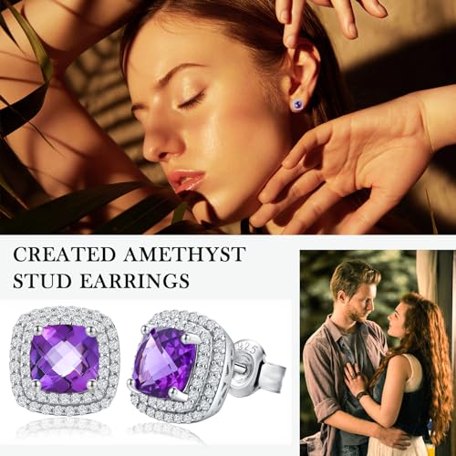Dainty Birthstone Earrings for Women Sterling Silver Small Stud Earrings with Halo Cushion/Round Created Gemstone Earrings Birthstone Jewelry - style: A 02. Feb./created amethyst-cushion cut