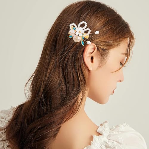 A Pair Wedding Hair Clips, Handmade Floral Design Crystal Hair Clips Pearl Barrettes, Rhinestones Flower Clips Pearl Headpieces Hair Pins Hair Accessories for Women Girls (White) - color: White