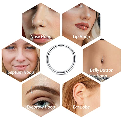 LOYALLOOK 8Pcs G23 Titanium Hinged Clicker Segment Nose Rings Hoop Septum Nose Lip Ring Hoop for Women Men Helix Cartilage Daith Tragus Sleeper Earrings Body Piercing Improved 16G - color: 18G-Silver
