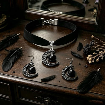 ONLYJUMP Gothic Witch Moon Earrings Necklace Set for Women Goth Black Velvet Moon Choker Necklace Moon Zirconia Dangle Drop Earrings Dark Halloween Witch Vampire Jewelry - color: Black