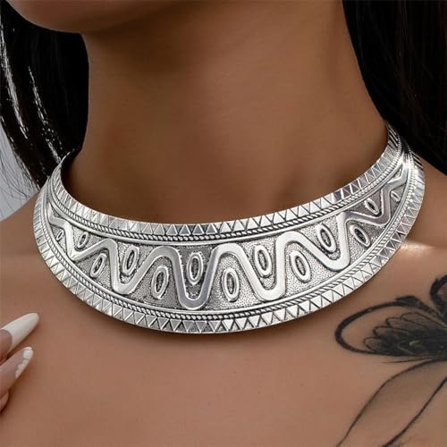 Chunky Gold Necklace Big Statement Chunky Necklace for Women African Tribe Wide Metal Choker Necklaces Jewelry - color: 09 Silver