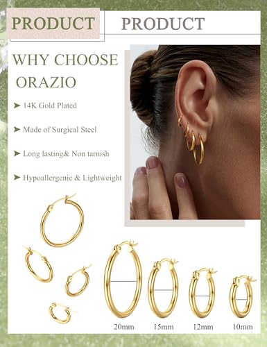 ORAZIO Stainless Steel Hoop Earrings Set Huggie Earrings for Women | Hypoallergenic Thin Small Non Tarnish Lightweight Dainty Trendy 10-20MM Women Stacks Multiple Piercing Jewelry Gift - style: Gold Plated, 4 pairs