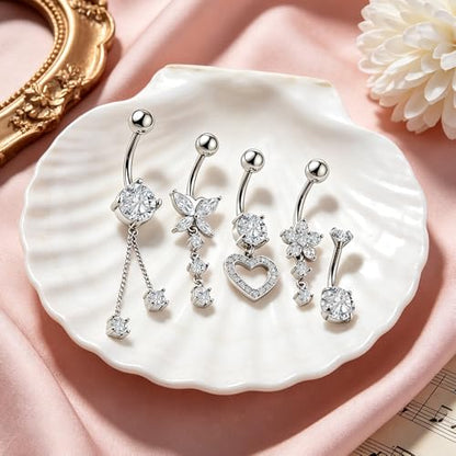 Belly Button Ring Dangle Navel Belly Piercing Jewelry with Cute Heart Butterfly Bow Flower Fake Floating Bellys Buttons Ring for Women Stainless Steel Dainty Dangly Bellys Button Piercing - color: Silver with White