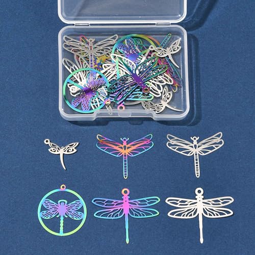 8-64Pcs Silver Goldern Color Heart Pendants Charms 10 Styles Heart Stainless Steel Metal Charms for Jewelry Making Crafting Necklaces Bracelets Earrings Keychains Birthday Gift - color: Colorful Dragonfly-24 pcs