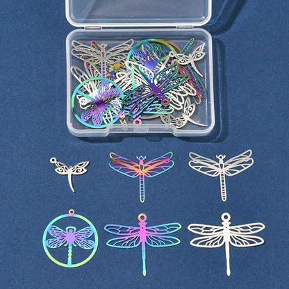 8-64Pcs Silver Goldern Color Heart Pendants Charms 10 Styles Heart Stainless Steel Metal Charms for Jewelry Making Crafting Necklaces Bracelets Earrings Keychains Birthday Gift - color: Colorful Dragonfly-24 pcs