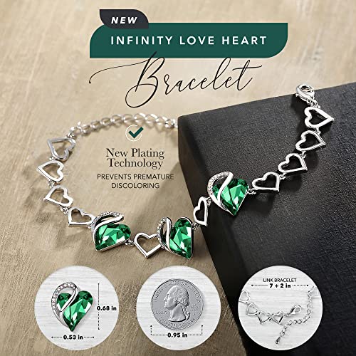 Leafael Infinity Love Heart Gift Bracelet for Women, Birthstone or Healing Stone Crystal, Silver Tone Birthday Jewelry for Her, Mom, and Wife, 7-inch Chain and 2-inch Extender - color: 05-May-Emerald Green