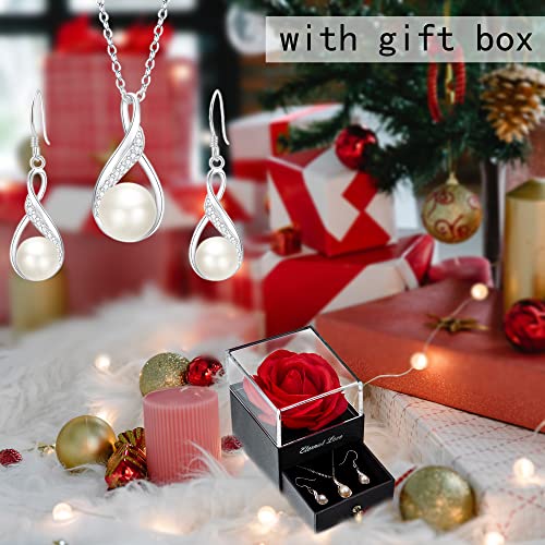 EleQueen 925 Sterling Silver CZ Freshwater Cultured Pearls Bridal Pendant Necklace Earrings Wedding Jewelry Sets, Valentine's Day/Mother's Day/Christmas Gift - style: 02-Preserved Real Rose Box+Ivory Pearl Jewelry Set