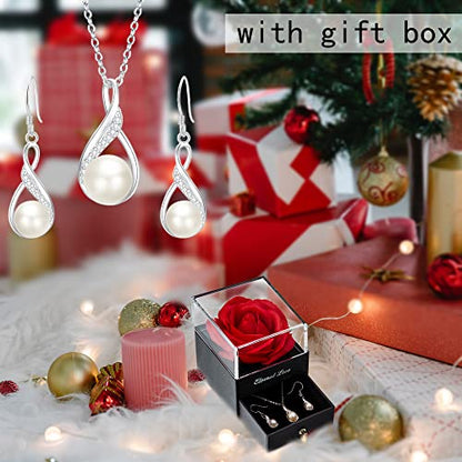 EleQueen 925 Sterling Silver CZ Freshwater Cultured Pearls Bridal Pendant Necklace Earrings Wedding Jewelry Sets, Valentine's Day/Mother's Day/Christmas Gift - style: 02-Preserved Real Rose Box+Ivory Pearl Jewelry Set