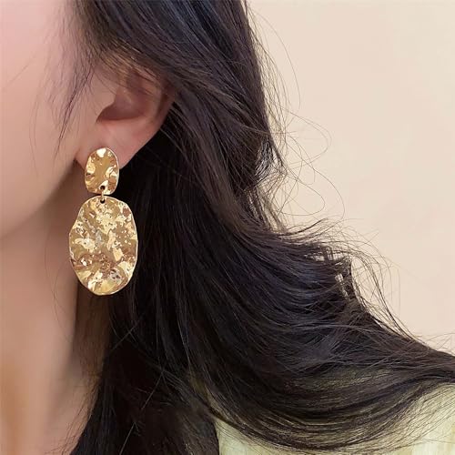Large Geometric Drop Dangle Earrings for Women Pearl Teardrop Disc Rectangle Oval Fishtail Shell Shaped Textured Dangle Studs Earrings for Women - color: Gold-Oval