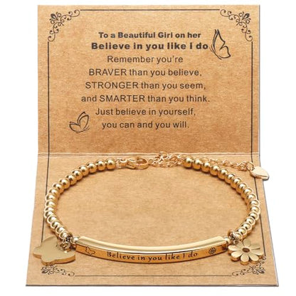 DS Inspirational Bracelet for Women Christian Engraved Bibler Verse Cross Butterfly Daisies Charm Bracelet, Exquisite Stainless Steel Jewelry Daughter Best Friend Bestie - style: Believe in you like i do-Gold