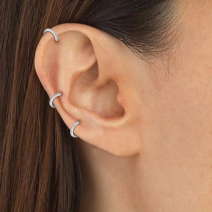3 Pairs 925 Sterling Silver Small Hoop Earrings for Women Men | Cubic Zirconia, 14K White Gold Plated Huggie Hoop Earrings, Hypoallergenic - style: E-silver 6mm*3