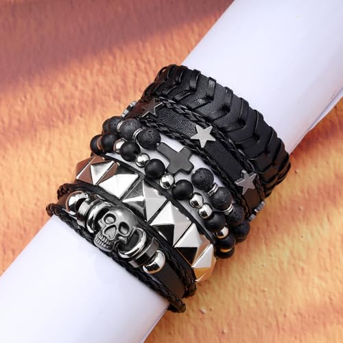 Braided Faux Leather Bracelet Punk Cuff Wrap Bracelets for Men Women Skull,Star,Bull bracelets - color: A4:6PCS