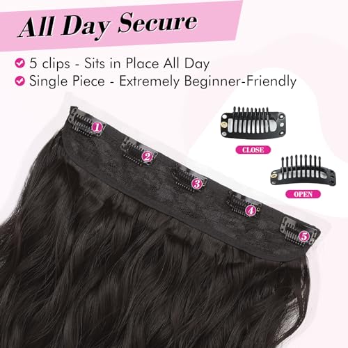 REECHO Clip in Hair Extensions, 20” One Piece Hair Extension Clip in Wefts Long Thick Beach Wavy Natural Soft Synthetic Hairpieces for Women, Black Brown - color: Black Brown - Wavy, size: 20 Inch (Pack of 1)