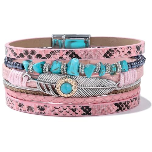 Western Turquoise Leather Cuff Bracelets Boho Feather Cowgirl Jewelry | Stackable Country Hippie Wrap Bangle Set Magnetic Clasp Chunky Beaded Stone Bohemian Statement Outfits for Women Trendy - color: Pink