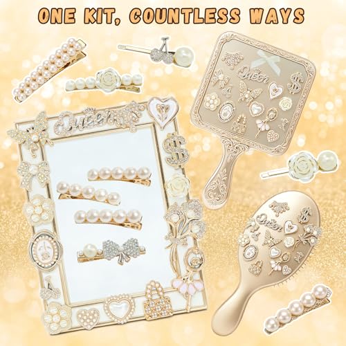 RidaaFri Junk Phone Case Kit Charms, Gold Flatback 3D Charms Set, | Big Charms with Pearls Rhinestone Gems Butterfly Bow Heart for DIY Case Craft Accessories, Phone Supplies for Women Adult - color: Gold