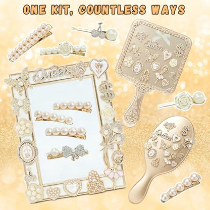 RidaaFri Junk Phone Case Kit Charms, Gold Flatback 3D Charms Set, | Big Charms with Pearls Rhinestone Gems Butterfly Bow Heart for DIY Case Craft Accessories, Phone Supplies for Women Adult - color: Gold