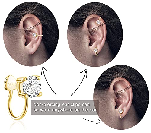 Cubic Zirconia Ear Cuffs - Sterling Silver Hypoallergenic Non-Piercing Cartilage Earrings CZ Clip on Earrings Round Crystal Stud Earrings for Women Girls 6mm - color: Gold