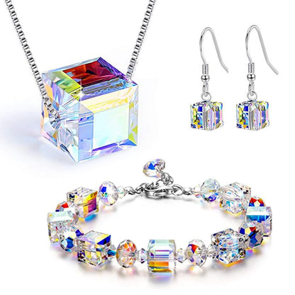ONLYJUMP Austrian Crystal Cube Earrings Necklace Bracelet Set for Women Handmade Square Rhinestone Silver Plated Ice Earrings Necklace Bracelet Mother's Day Fashion Jewelry Gifts