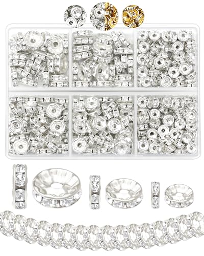 FIVEIZERO 300PCS Silver Rhinestone Rondelle Spacer Beads | 6/8/10mm Sizes, 1.5/2/2.5mm Holes, Secure Stones, Storage Box, For Beaded Pens, Bracelets, Necklaces, Earrings - color: Silver,6mm/8mm/10mm