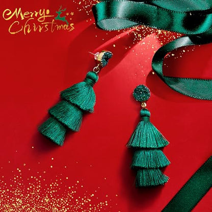 Me&Hz Colorful Layered Tassel Earrings Bohemian Statement Tiered Tassel Big Dangle Drop Earrings for Women Druzy Studs Valentine’s Day Gift - color: Deep Green