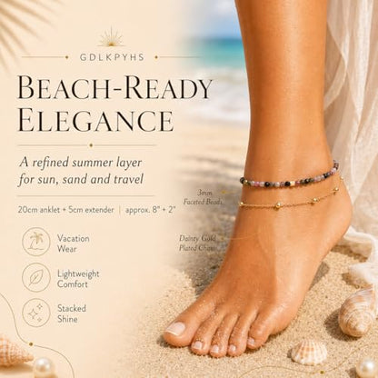 2Pcs Beaded Anklets for Women, Natural Stone Bead Ankle Bracelets with 14K Gold Plated Chain, Waterproof Adjustable Layered Anklet Set, Boho Beach Summer Jewelry Gift - color: Rainbow Tourmaline