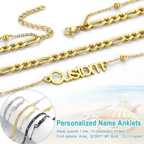U7 Custom Layered Ankle Bracelets for Women Stainless Steel Bead/Cuban/Figaro/Rope/Wheat Chain Anklet Waterproof Anklet Jewelry for Beach Vacation - color: a-Gold Plated-Figaro Chain