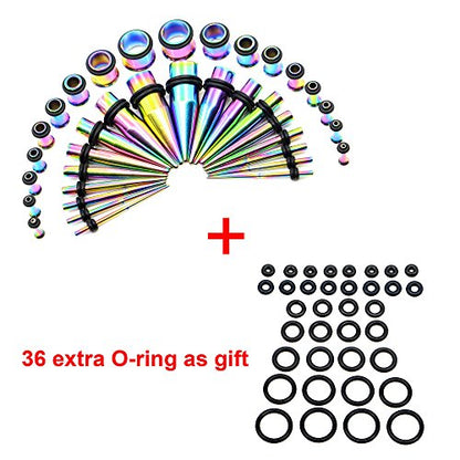 36 Pieces Ear Gauges Stretching Kit Taper Stainless Steel Single Flare Tunnel Plugs Eyelet 14G-00G and 36 pcs O-Ring Extra Set - style: Rainbow 36 pieces