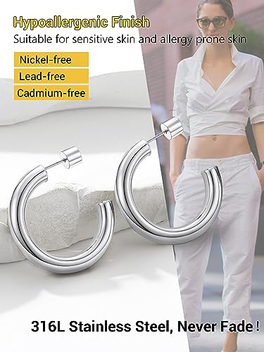 PROSTEEL Chunky Hoop Earrings for Women 14K Gold Plated/Black/Silver | 20/30/40/50/60/70/80mm Stainless Steel Thick Big Round Hoop with Waterproof and Non Tarnish Trendy Jewelry with Gift Box - color: 2. Silver, size: 30MM