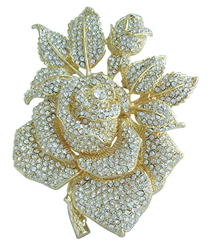 Gorgeous Wedding 5.32" Big Rose Flower Brooch Pin Austrian Crystal Pendant BZ2994 - color: Gold-Tone Clear